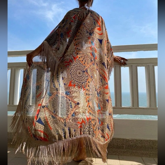 Kimono swimsuit coverup cardigan fringe print NWT - Picture 2 of 3